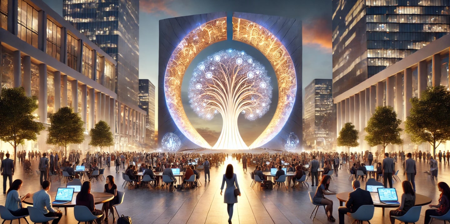 A public square at dusk. People sit at tables in open discussion across the whole square, and at its head stands a great illuminated gateway with a tree inside it.